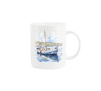 Purely Home Vintage Sailboat Sailing Mug - Painted Watercolour Sailboat Boating Coastal Town Gift Present - Tea Coffee White Bone China Mug