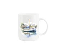 Purely Home Vintage Sailboat Sailing Mug - Painted Watercolour Sailboat Boating Houses Jetty Gift Present - Tea Coffee White Bone China Mug