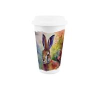 Purely Home Vivid Hare Ceramic Travel Mug - Colourful Countryside Wildlife Gifts for Animal Lovers - Reusable Silicone Lid Double-Walled Insulated Drinks Flask Cup