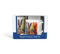 Purely Home Vivid Hare Mug & Coaster Gift Set - Colourful Countryside Animals Bone China Mug and Glass Coaster Set - Tea/Coffee Present