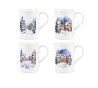 Purely Home Watercolour Christmas Town Bone China Mugs - Set Of 4