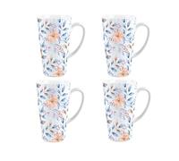 Purely Home Watercolour Flowers Tall Latte Mugs Set - Ceramic Painted Blue & Orange Floral Coffee Cup Set of 4 - Present/Gift