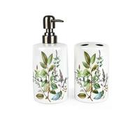 Purely Home Watercolour Herbs Bathroom Set - Refillable Ceramic Soap Dispenser & Toothbrush Holder