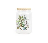 Purely Home Watercolour Herbs Ceramic Tea Canister - Country Home Farmhouse Interior Gift - Kitchen Food Storage Container & Wooden Lid 600Ml
