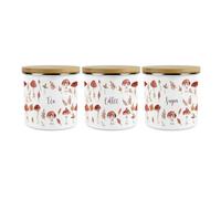 Purely Home Watercolour Mushrooms Tea Coffee Sugar Canisters Set - Autumnal Leaves & Toadstools Kitchen Gift - Enamel Storage Container