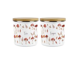 Purely Home Watercolour Mushrooms Tea Sugar Canisters Set - Autumnal Leaves & Toadstools Seasonal Homewares Kitchen Gift - Enamel Hot Drinks/Food Storage Container Set of 2