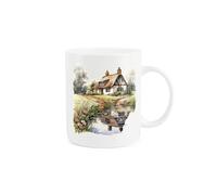 Purely Home Watercolour Painting Mug - Painted Countryside Cottage Forked Path Scene Gift Present - Tea Coffee White Bone China Mug