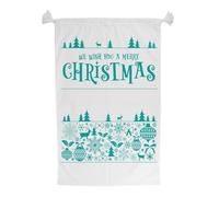 Purely Home We Wish You A Merry Bag - Novelty Xmas Santa Sack White/Aqua With Drawstring Ties