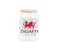 Purely Home Welsh Dragon Ceramic Decaf Tea Storage Canister - Te Digaffein Wales Souvenir Themed Kitchen Food Storage Container & Wooden Lid 600ml (14.5cm x 9.5cm)