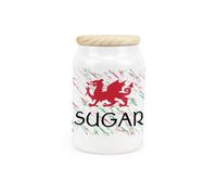 Purely Home Welsh Dragon Ceramic Sugar Canister - Green & Red Wales Kitchen Gift - Storage Container & Wooden Lid 600Ml (14.5Cm X 9.5Cm)