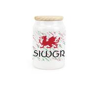 Purely Home Welsh Dragon Ceramic Sugar Canister - Siwgr Wales Souvenir Themed Kitchen Storage Container & Wooden Lid 600Ml (14.5Cm X 9.5Cm)