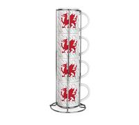 Purely Home Welsh Dragon Stacking Mugs Set - Set of 4 Ceramic Mugs Gift Set with Metal Stand
