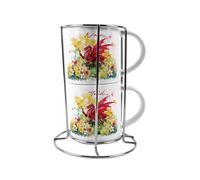 Purely Home Welsh Nain & Taid Stacking Mugs Set Gift - Dragon & Daffodils Ceramic Cups Set of 2 with Metal Stand