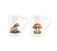 Purely Home Wild Cap Mushrooms Mugs Set - Forestry Themed Bone China Cups Set of 2 - Tea/Coffee Hot Drinks Mug Present Gift Set