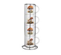 Purely Home Wild Mushrooms Stacking Mugs Set - Forestry & Nature Themed Presents - Set Of 4 Ceramic Mugs Gift Set With Metal Stand