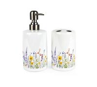 Purely Home Wildflower Bathroom Set - Refillable Ceramic Soap Dispenser & Toothbrush Holder
