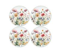 Purely Home Wildflowers Coaster Set - Round Glass Floral Meadow Gift - Set Of Four (4) Drinks Coasters