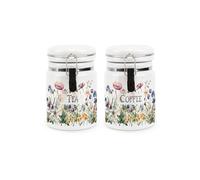 Purely Home Wildflowers Tea & Coffee Ceramic Storage Canisters - Floral Meadow Ceramic Kitchen Food Storage Containers with Clip Lid 400ml (13.5cm x 8.5cm) - Set of 2