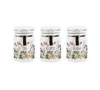 Purely Home Wildflowers Tea Coffee & Sugar Ceramic Canisters - Floral Meadow Storage Containers With Clip Lid 400Ml - Set Of 3