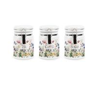Purely Home Wildflowers Tea Coffee & Sugar Ceramic Storage Canisters - Floral Meadow Ceramic Kitchen Food Storage Containers with Clip Lid 400ml (13.5cm x 8.5cm) - Set of 3