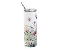 Purely Home Wildflowers Travel Flask - Floral Meadow Watercolour Gift - Stainless Steel Vacuum-Sealed Double-Walled Drinks Cup With Straw