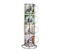 Purely Home Wind in The Willows Stacking Mugs Set - Storybook Inspired Gifts - Set of 4 Small Ceramic Cups Set with Metal Stand