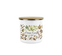 Purely Home Woodland Green Tea Storage Canister - Nature Outdoor Leaves Enamel Medium Sized Kitchen Food Storage Container