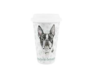 Purely Home World's Best Boston Terrier Dog Ceramic Travel Mug - Novelty Gifts for Dog Dads - Reusable Silicone Lid Double-Walled Insulated Hot/Cold Drinks Tea Coffee Cup
