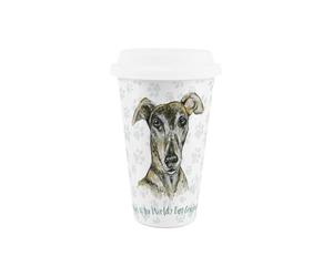 Purely Home World's Best Greyhound Dog Ceramic Travel Mug - Novelty Gifts for Dog Mums - Reusable Silicone Lid Double-Walled Insulated Hot/Cold Drinks Tea Coffee Cup