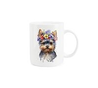 Purely Home Yorkshire Terrier Dog Mug - Flower Crown Yorkie Animal Gift/Present - Tea Coffee White Bone China Mug