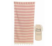 Purely Panache Oversized 100% Turkish Cotton Beach Towel 100x180cm - Hammam Peshtemal, Quick Dry, Sand Free, Lightweight, Prewashed - Thin Travel Blanket with Carry Bag (Pink - White Stripe)