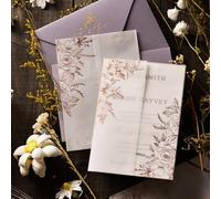 Puremigo 50 Pack Pre-Folded Vellum Jackets for 5x7 Invitations - Rose Gold Foil Pattern - 105GSM Vellum Paper 5x7 Jackets - Vellum Wedding Invitations Wraps - Transparent Wedding Invitations Jacket