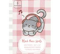 PureNotation: Blank Music Sheets, 120 pages - 8,5" x 11", Manuscript Paper, 7 Staves per Page: Wide Staff Paper for Kids, Cream Paper, Pink Headphone-wearing Cat Design