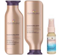 Pureology Nanoworks Gold Shampoo 266ml, Conditioner 266ml and Color Fanatic Mini 30ml For Dry, Coloured Hair (Worth £64.08)