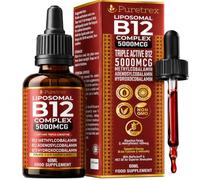 Puretrex Liposomal Vitamin B12 Complex Liquid Drops 5000mcg, 60ml | Triple Active with Methylcobalamin Adenosyl and Hydroxocobalamin plus Folate B6 Biotin Zinc Sublingual
