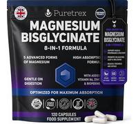 Puretrex Magnesium Glycinate 8 in 1 Complex, High Absorption Magnesium Capsules for Muscle & Relaxation Support, 5 Advanced Forms with Bisglycinate, Vegan, Non GMO, Made in UK, 120 Capsules
