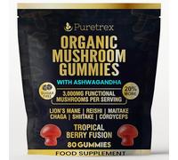 PURETREX Organic Mushroom Gummies with Ashwagandha - 3,000mg Functional Mushrooms per Serving - Lion’s Mane, Reishi, Maitake, Chaga, Shiitake, Cordyceps, Rhodiola, Panax Ginseng - Tropical Berry