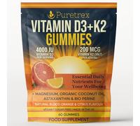 PURETREX Vitamin D3 + K2 Gummies - 4000 IU Vegan D3 & 200 mcg MK-7, Magnesium, Coconut Oil, Astaxanthin & BioPerine® - Sugar-Free, Natural Blood Orange Citrus - 60 Vegan Gummies, Made in UK