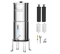 Purewell 8,5L Gravity Water Filter System - Stainless Steel Countertop Design with 4 Filters, Glass Water Level Window - Reduces Fluoride, Chlorine - for Home, Camping & Emergency Survival