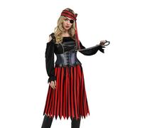 PURFUN 4Pcs Pirate Costume Set Women A-line Red Black Stripes Skirt Dress Long Headband Black Adjustable Waistband Lazy Eye Patch Medieval Halloween Cosplay Mardi Gras Pirate Outfits Accessories