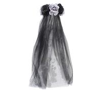 PURFUN Gothic Rose Floral Headband Crown Veil Women Halloween Day of The Dead Flower Hairband Garland Black Bridal Veil, Gray/Long Veil, One Size
