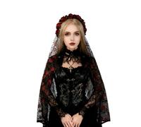 PURFUN Gothic Rose Flower Headband with Black Veil Women Halloween Cosplay Day of The Dead Witch Vampire Bridal Veil Hairband, Red/Skull, One Size