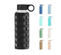 purifyou 40oz / 32oz / 22oz / 12oz Borosilicate Glass Water Bottle with Time & Volume Markers, Silicone Sleeve, Stainless Steel Lid | Reusable Glass Bottle for Water & Juice (12oz Jet Black)