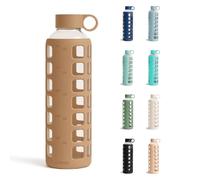 purifyou Glass Water Bottles 42/32/12oz/355ml Glass Water Bottles with Time and Volume Markings and Extra Thick Silicone Sleeve Reusable Bottle for Water, Milk, Juice (32oz, Iced Coffee)