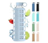 purifyou Premium Glass Water Bottles 102/32/56/12oz with Volume and Drinking Time, Silicone Sleeve and Stainless Steel Lid Insert, Reusable Bottle