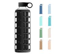 purifyou Premium Glass Water Bottles 40/32/34/12oz with Volume and Drinking Time, Silicone Sleeve and Stainless Steel Lid, Reusable Fridge Water Bottle for Refrigerator, Water, Milk, Juice (Black)