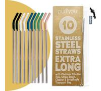 purifyou Stainless Steel Straws with Silicone Tips, 14.5in Extra Long & Wide Reusable Metal Straws for Stanley and 40oz Tumblers, Portable Case, Cleaning Brush, Durable Drinking Straws (Set of 10)