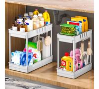 PurKeep 2 Pack Under Sink Storage, 2 Tier Bathroom Cabinet Organizers and Storage with Hook, Under Sink Organizer Multi-purpose Organisation for Kitchen Countertop, 2 Size 1L+1M, White