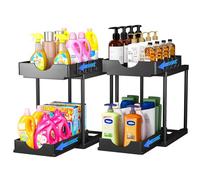 PurKeep 2 Pack Under Sink Storage - 2 Tier Sliding Kitchen Storage and Organisation Cupboard Organiser, Under Sink Shelf, Under Cabinet Organizer with Hooks, Bottom Slide Out Basket, 2 L Black
