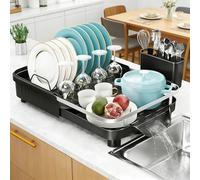 Purkeep Dish Drainer Rack, Expandable Dish Rack, Space Saving Dish Drying Rack for Kitchen Counter, Dish Drainer Rack with Drain Board, Utensil Holder